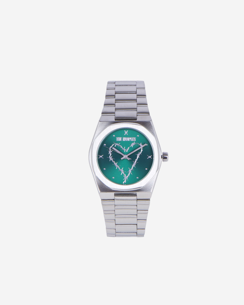 Silver heart watch with green dial