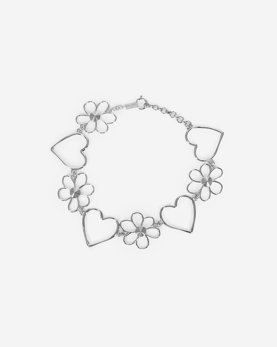 Silver heart and flower choker necklace