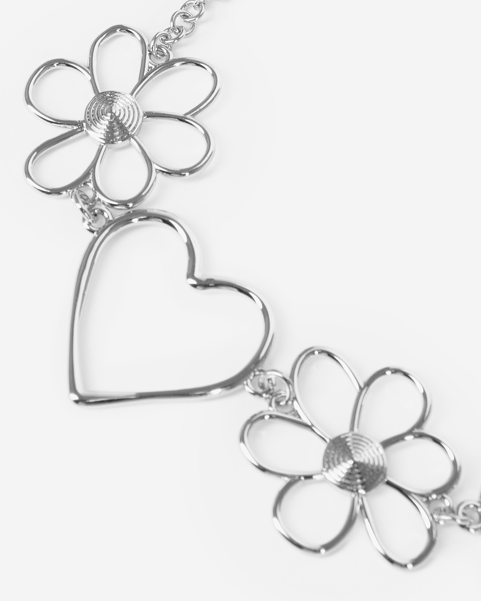 Silver heart and flower choker necklace