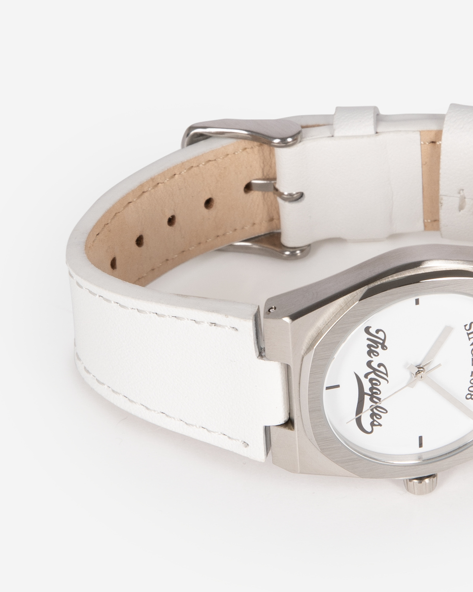 Watch with logo and white leather strap