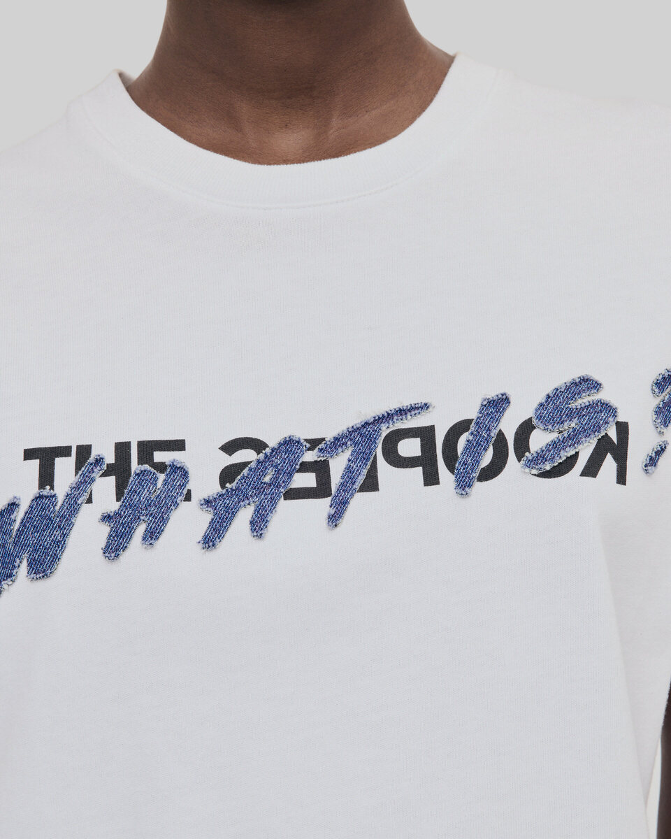 White What Is denim patch t-shirt