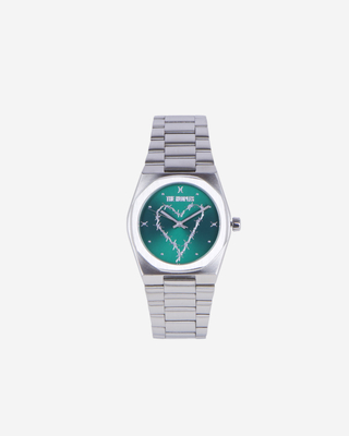 Silver heart watch with green dial