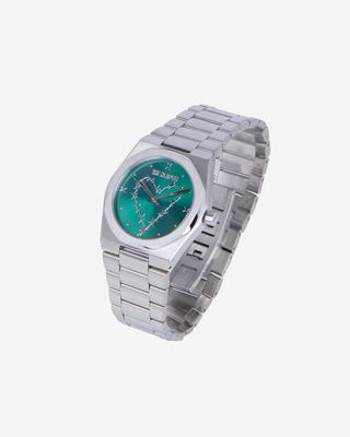 Silver heart watch with green dial