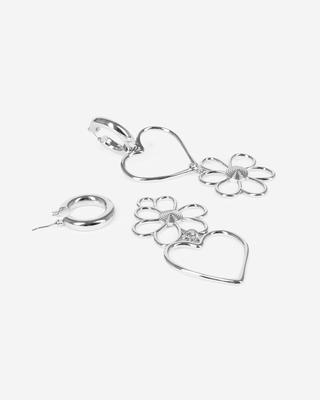Silver heart and flower earrings