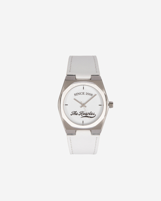 Watch with logo and white leather strap