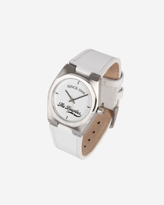 Watch with logo and white leather strap