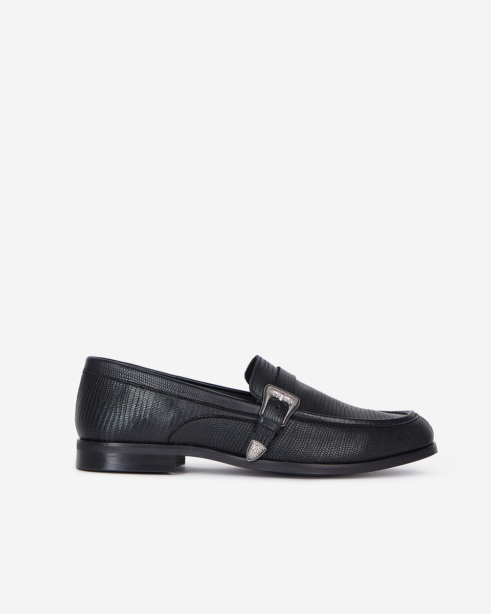 Black leather loafers with western buckle