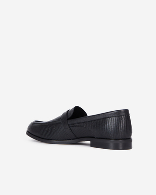 Black leather loafers with western buckle