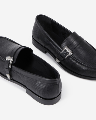 Black leather loafers with western buckle