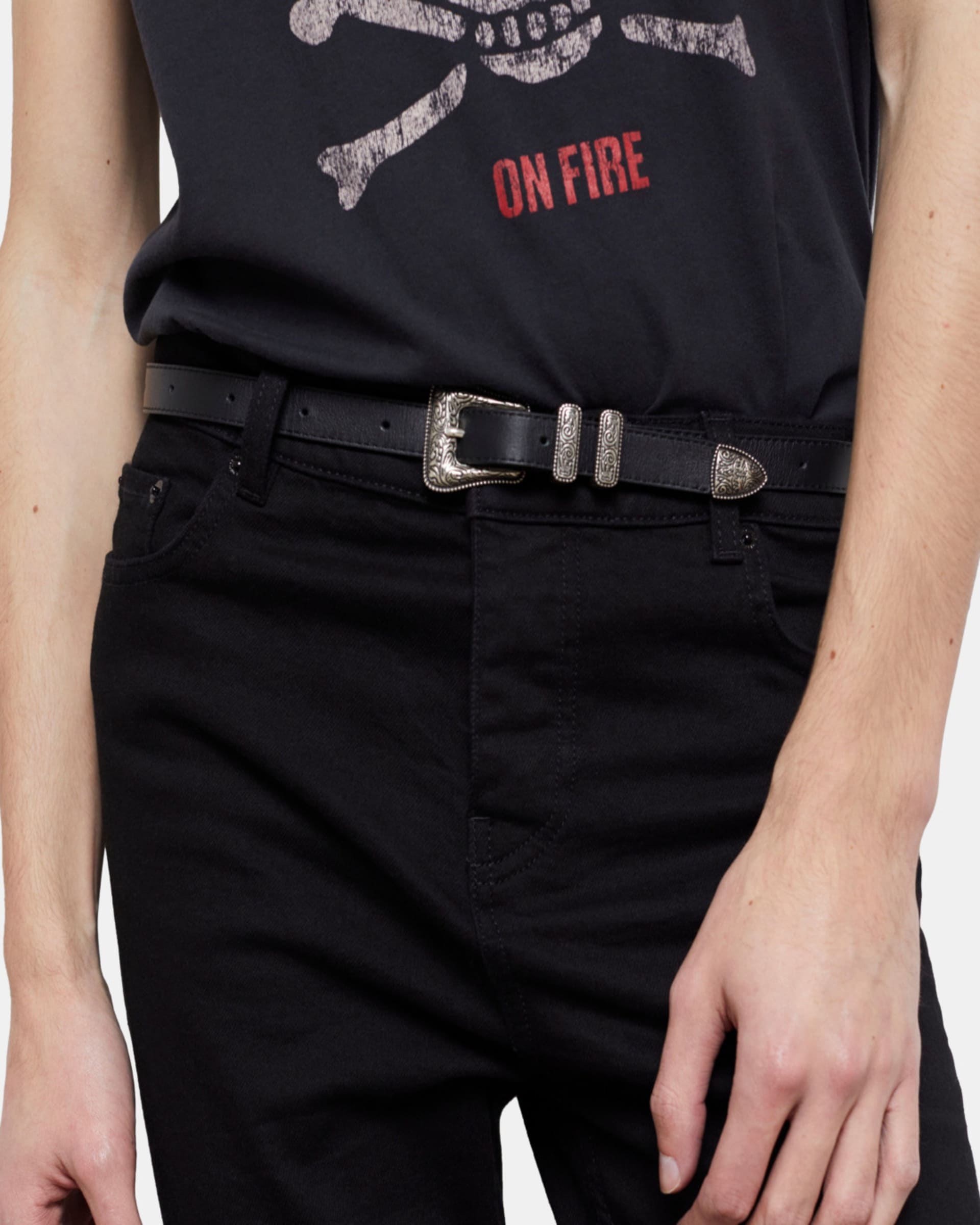 Thin black leather belt