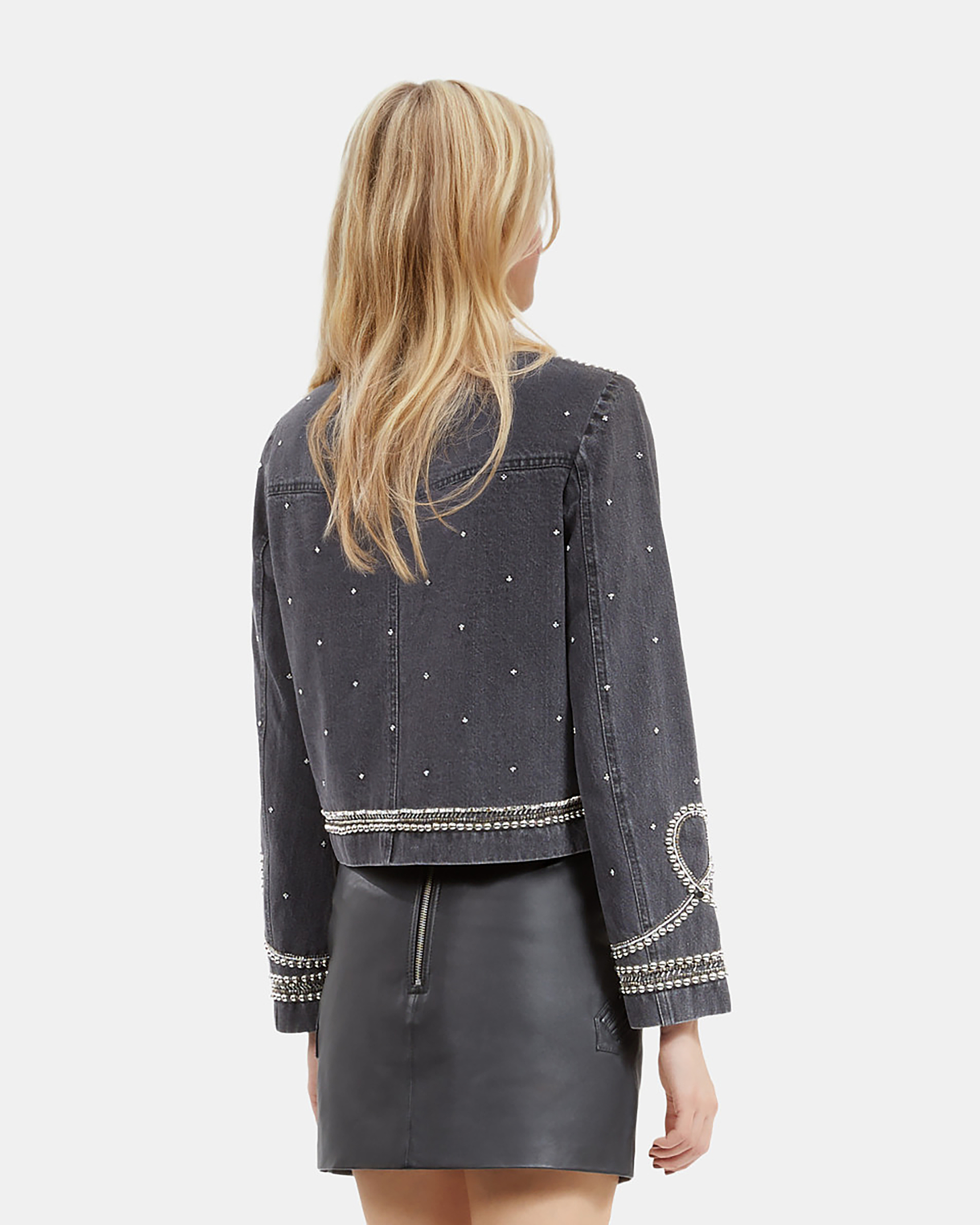 Grey denim jacket with studs and pearls