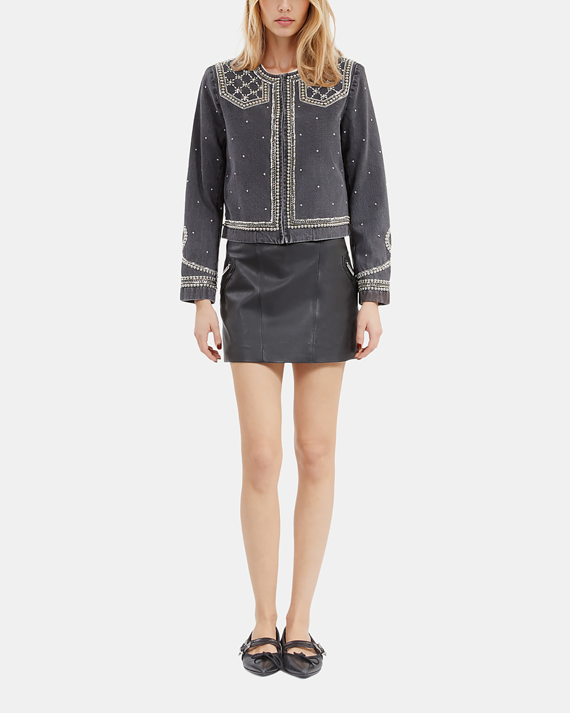 Grey denim jacket with studs and pearls