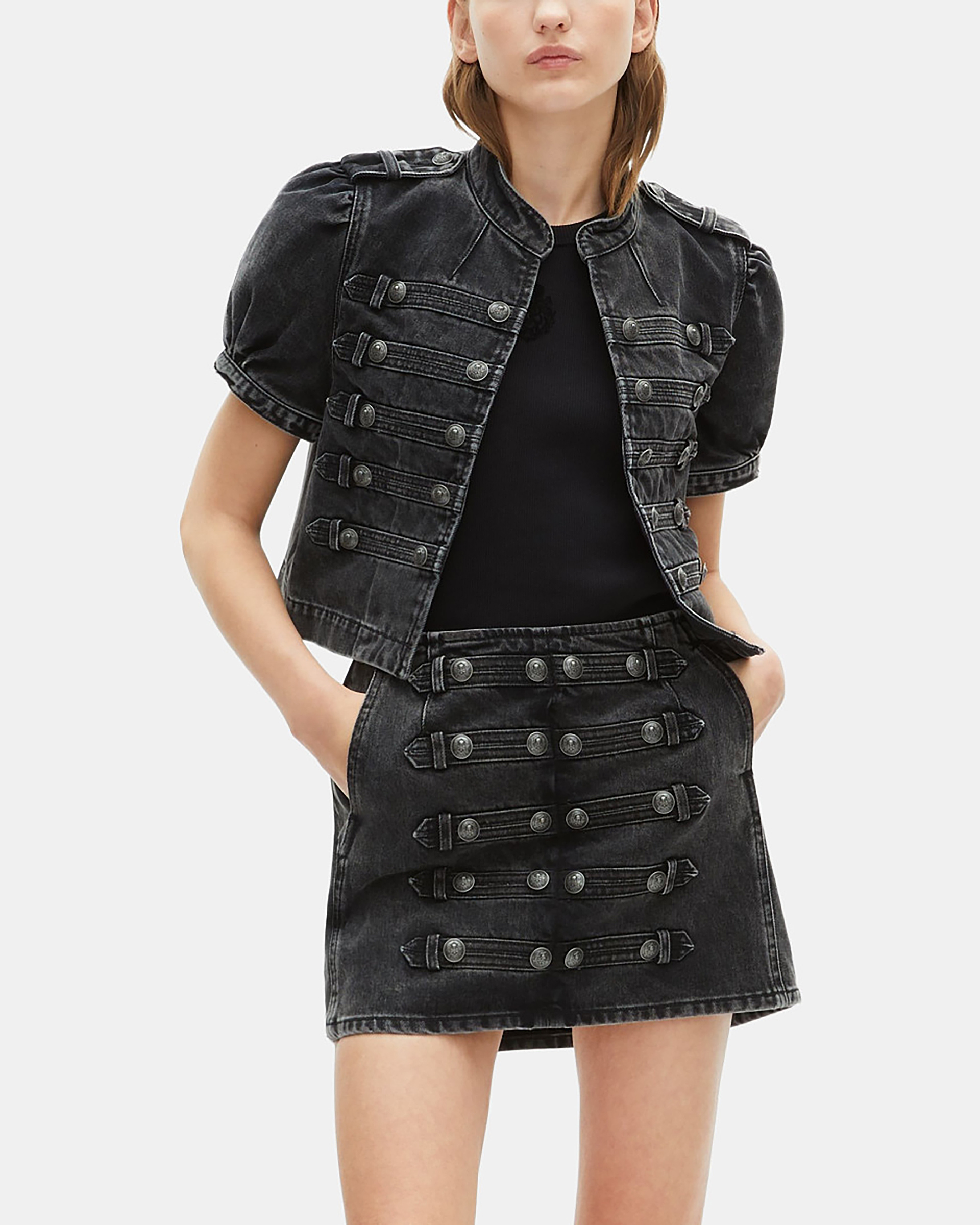 Grey denim short-sleeved officer jacket