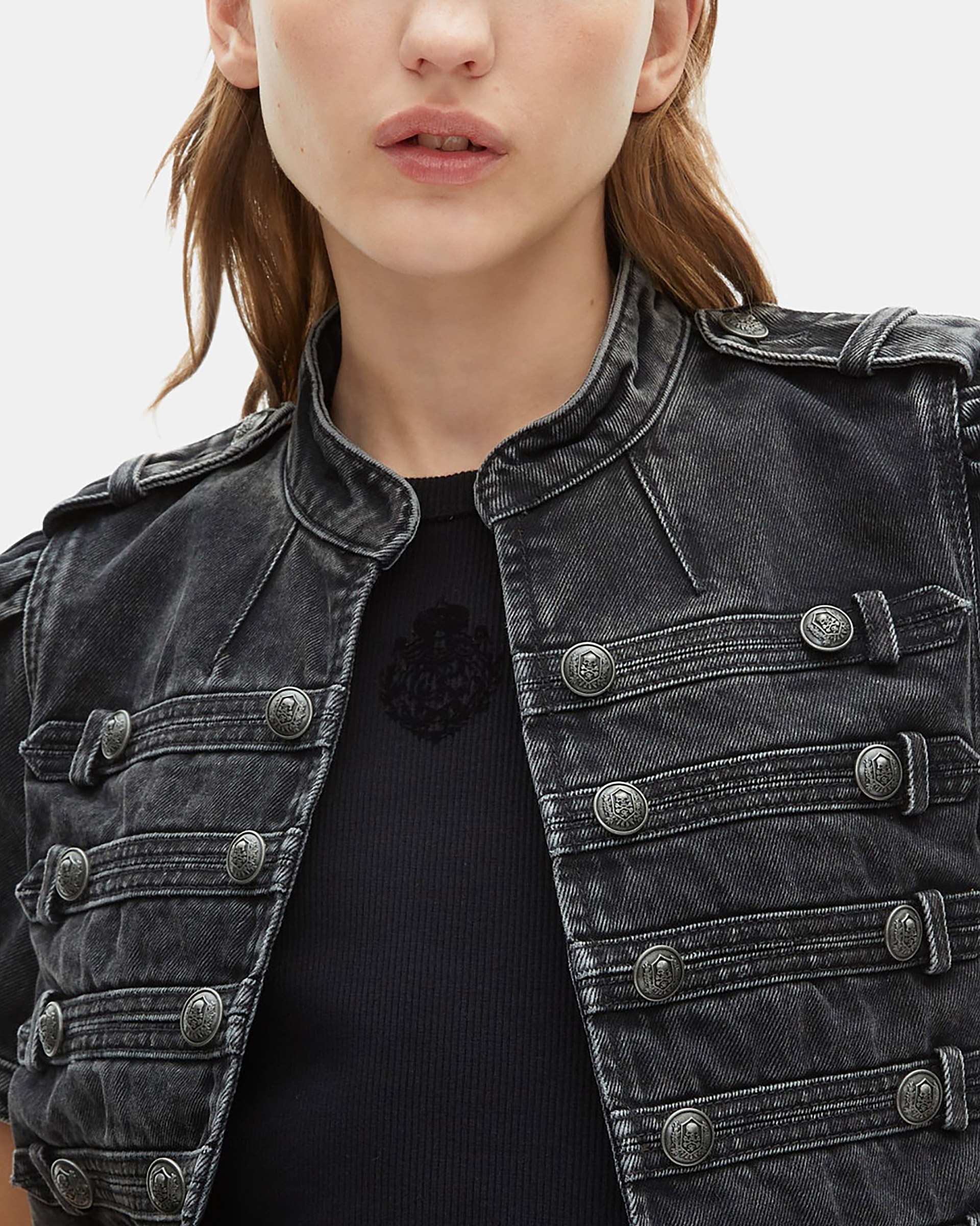 Grey denim short-sleeved officer jacket