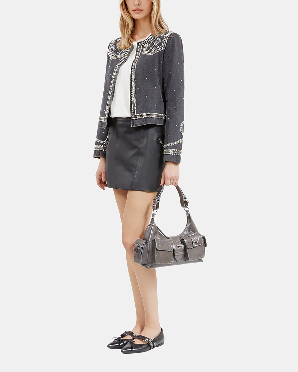 Grey denim jacket with studs and pearls