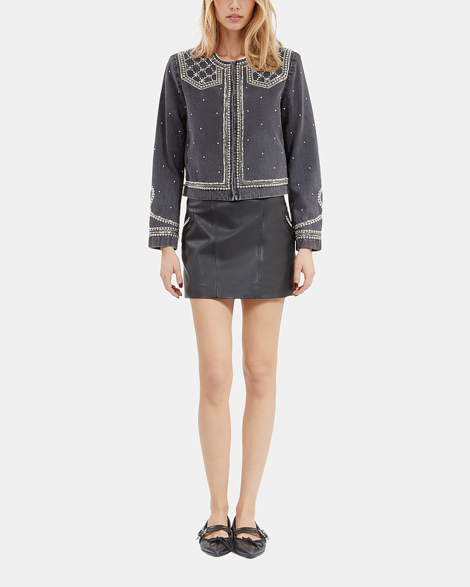 Grey denim jacket with studs and pearls