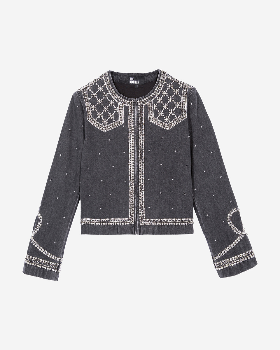 Grey denim jacket with studs and pearls