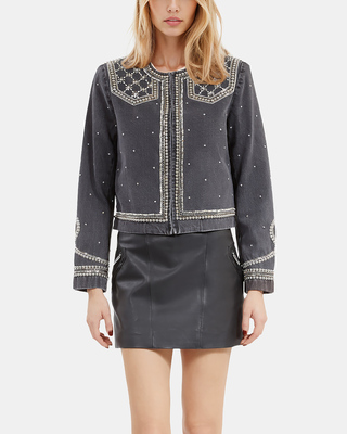 Grey denim jacket with studs and pearls