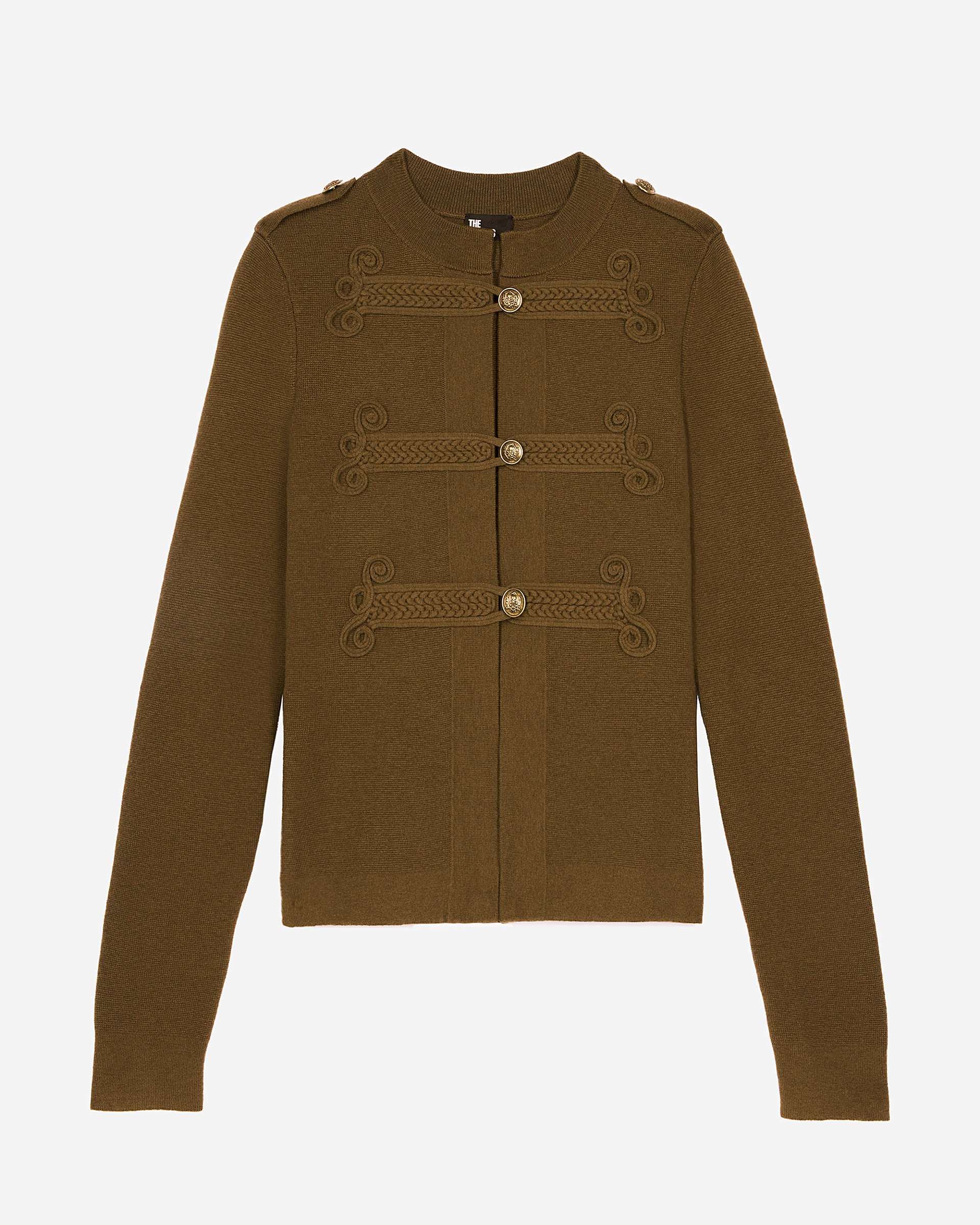 Khaki officer-style wool cardigan