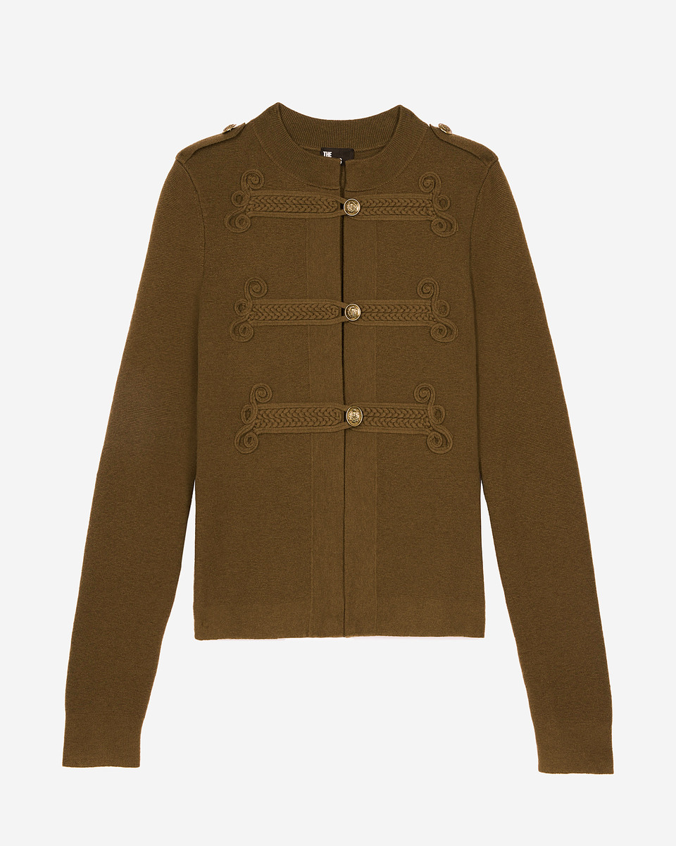 Khaki officer-style wool cardigan