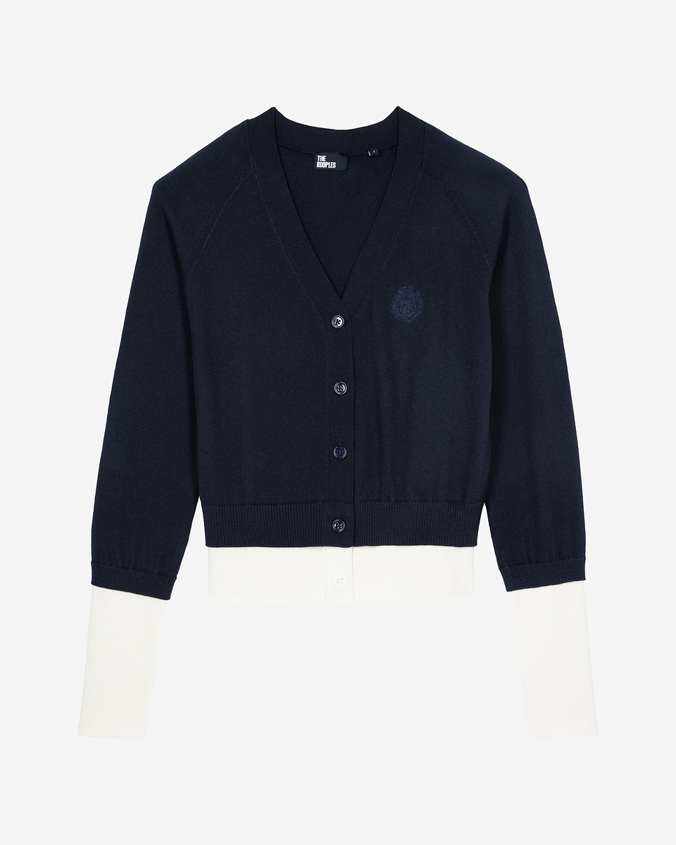 Navy blue and ecru cotton cardigan