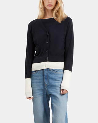 Navy blue and ecru cotton cardigan